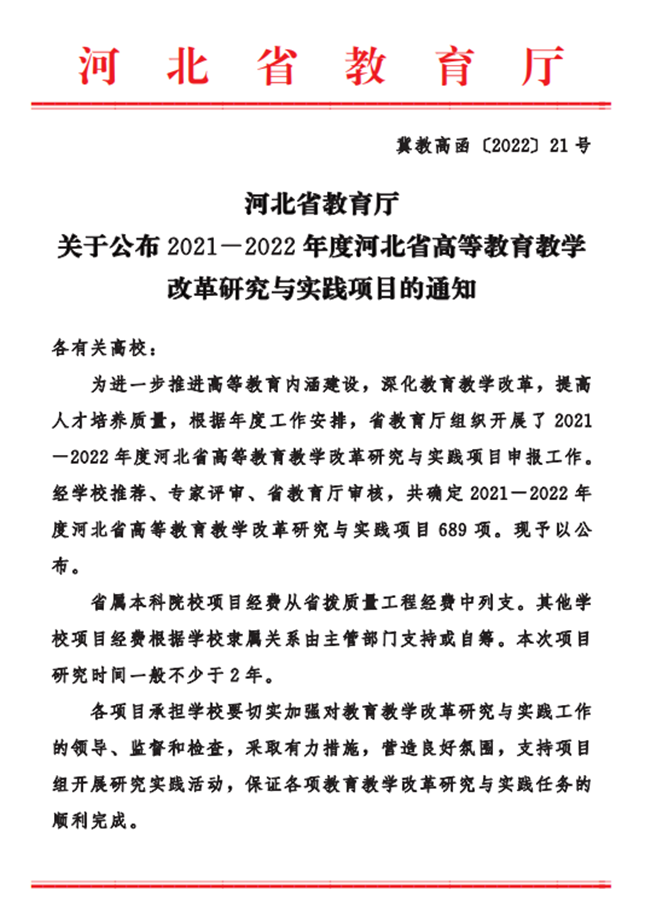 beat365官网五项课题成功获批2021-2022年度河北省高等教育教学改革研究与实践项目立项
