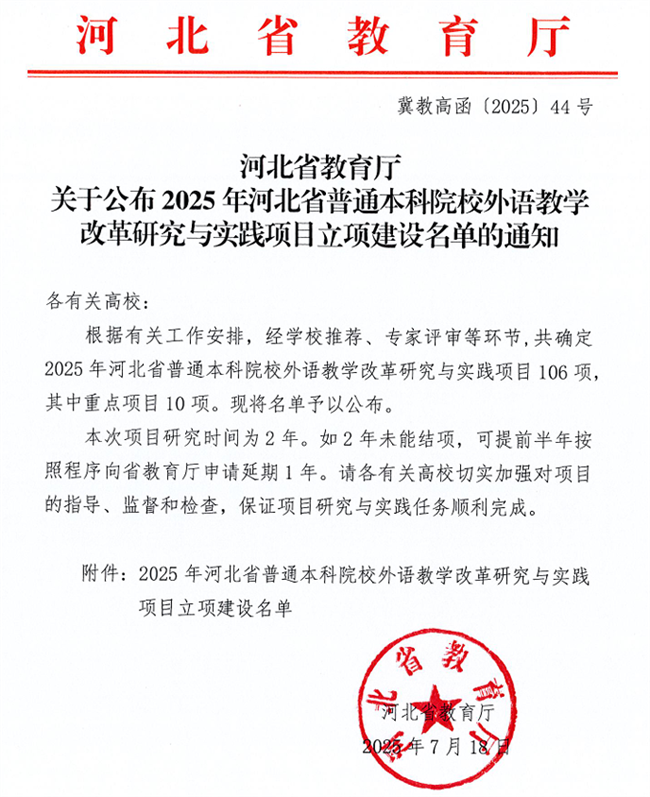beat365官网英语教改项目获河北省高等学校外语教学改革研究与实践项目立项